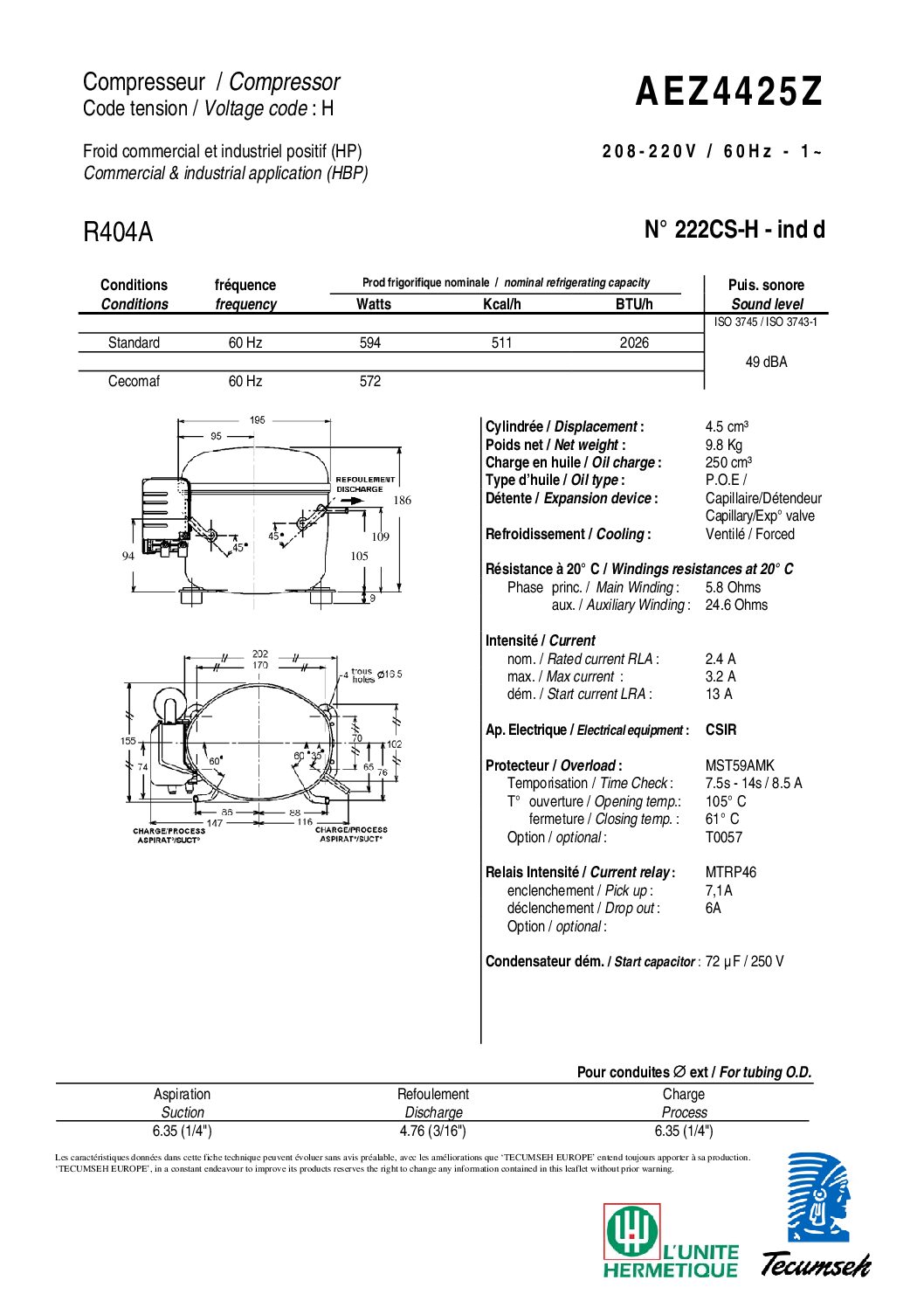 Compresseur TECUMSEH AEZ4425Z – Image 2